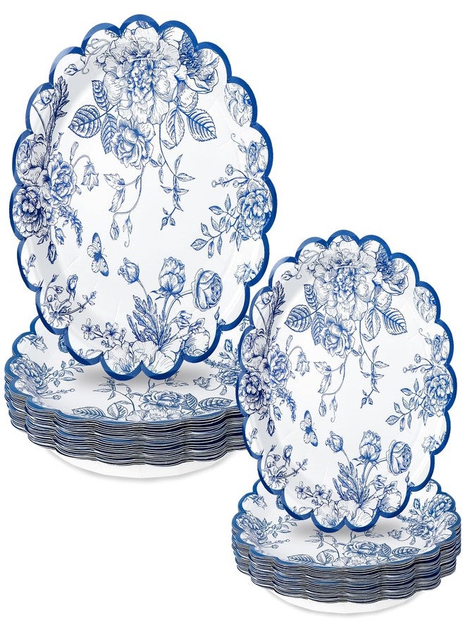 JarThenaAMCS 50Pcs Blue and White Floral Paper Plates Chinoiserie Vintage Flowers Scalloped Disposable Plates Decorative Dinner Plates for Birthday Baby Shower Wedding Table Decor - Image 1