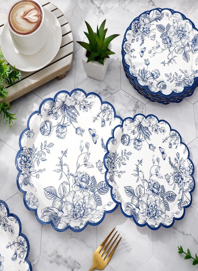 JarThenaAMCS 50Pcs Blue and White Floral Paper Plates Chinoiserie Vintage Flowers Scalloped Disposable Plates Decorative Dinner Plates for Birthday Baby Shower Wedding Table Decor - Image 3