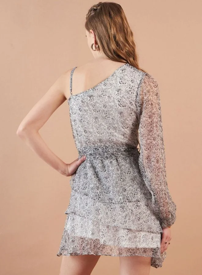 Freehand  Women Fit and Flared All Over Print One Shoulder Long Sleeve One Shoulder Dress for Women | Best Price UAE