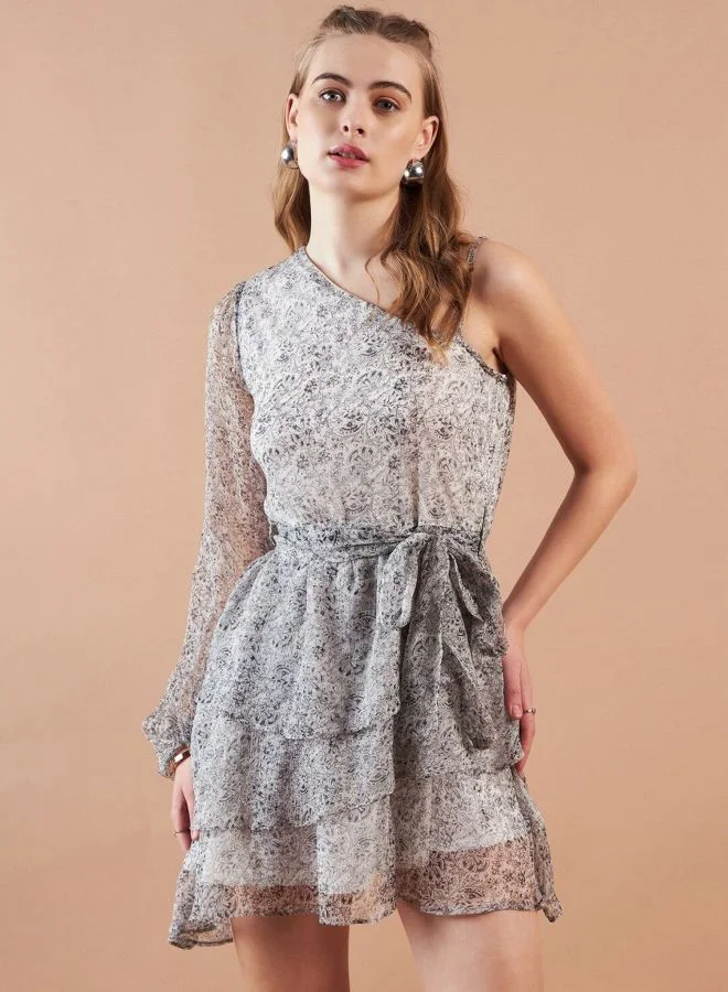 Freehand  Women Fit and Flared All Over Print One Shoulder Long Sleeve One Shoulder Dress for Women | Best Price UAE