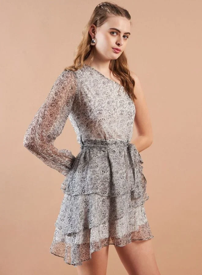 Freehand  Women Fit and Flared All Over Print One Shoulder Long Sleeve One Shoulder Dress for Women | Best Price UAE