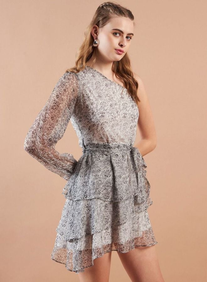 Freehand Women Fit and Flared All Over Print One Shoulder Long Sleeve One Shoulder Dress - Image 5