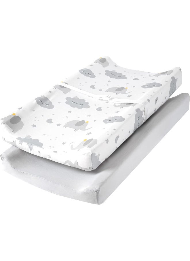 TILLYOU TILLYOU Changing Pad Cover Set in Soft Jersey Material - Fits 32"/34''x16 Contoured Pad for Babies, Elephant & Cloud, Grey  - Image 1