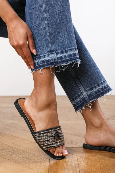 Where's That From Frankii Strap Sandal With Front Straw Strap Lock Detail In Black