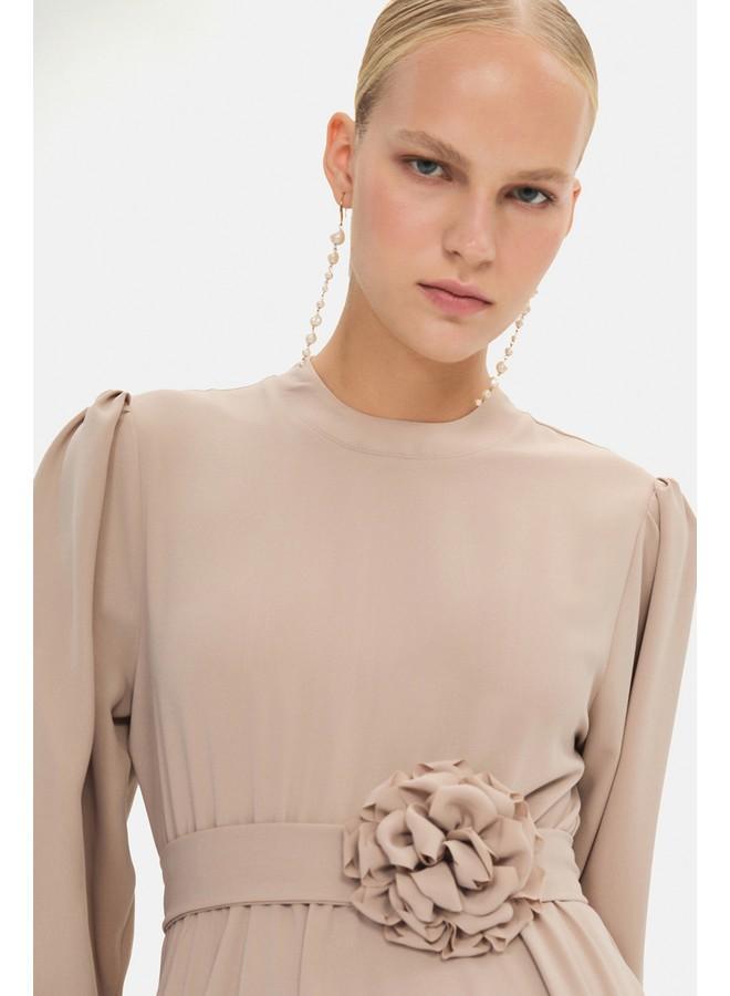 جون عباية نسائية بتفاصيل حجرية بلون بيج فضفاضة - Image 3