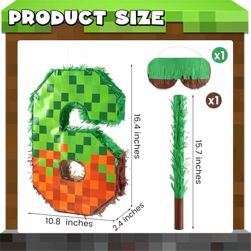 VWAERR 164 Inch Pixel Number 6 Birthday Pinata with Blindfold Stick Fillable for Candy and Treats Block Style Pinata Hanging Mexican Birthday Party Decorations Video Game Party Supplies - Image 5