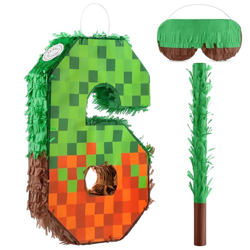 VWAERR 164 Inch Pixel Number 6 Birthday Pinata with Blindfold Stick Fillable for Candy and Treats Block Style Pinata Hanging Mexican Birthday Party Decorations Video Game Party Supplies - Image 1
