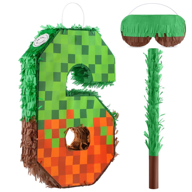 VWAERR 164 Inch Pixel Number 6 Birthday Pinata with Blindfold Stick Fillable for Candy and Treats Block Style Pinata Hanging Mexican Birthday Party Decorations Video Game Party Supplies - Image 3