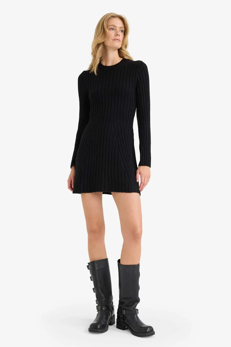ديفاكتو Crew Neck Ribbed Long Sleeve Mini Dress