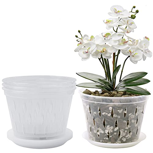 lanccona Orchid Pot, 8 Inch 4 Pack Orchid Pots with Holes and Saucers, Clear Plastic Orchid Pots - Image 1