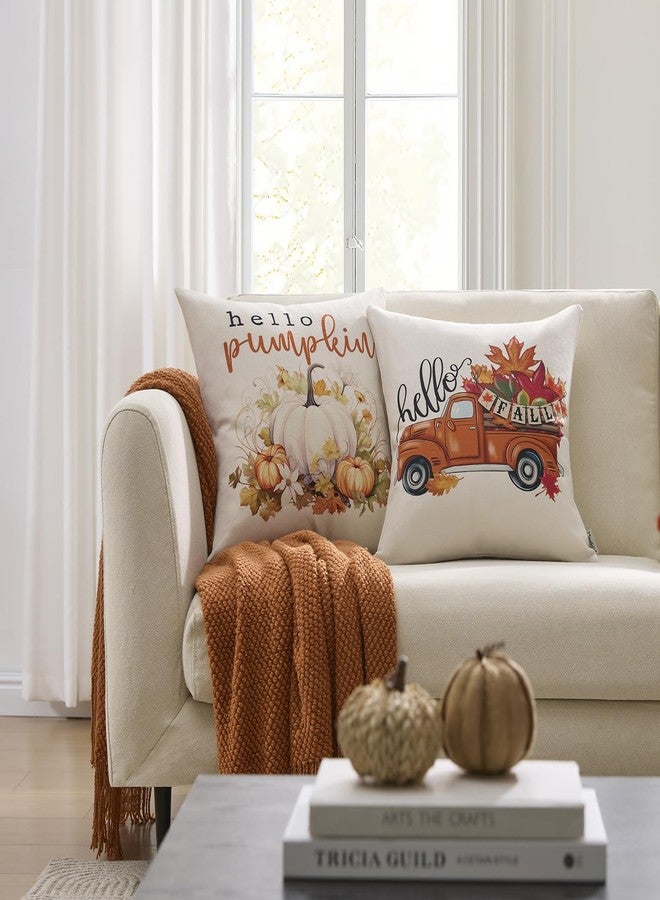 Meekio Set of 4 Fall Pillow Covers 18 x 18 Linen Pillow Covers with Pumpkin Truck Print, Fall Decorations for Home, Thanksgiving Gifts - Image 2