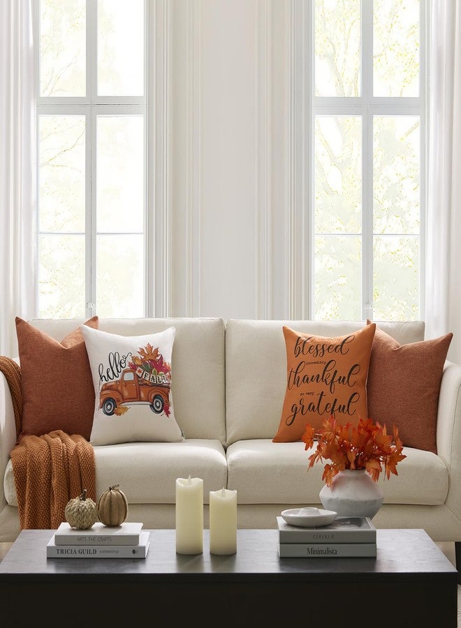 Meekio Set of 4 Fall Pillow Covers 18 x 18 Linen Pillow Covers with Pumpkin Truck Print, Fall Decorations for Home, Thanksgiving Gifts - Image 4