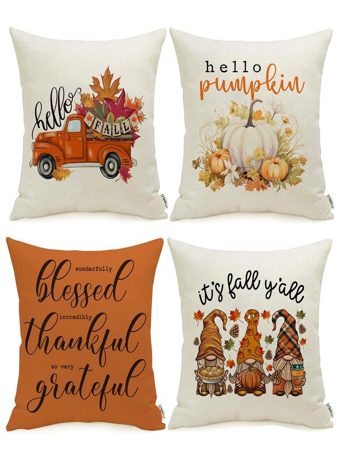 Meekio Set of 4 Fall Pillow Covers 18 x 18 Linen Pillow Covers with Pumpkin Truck Print, Fall Decorations for Home, Thanksgiving Gifts - Image 1
