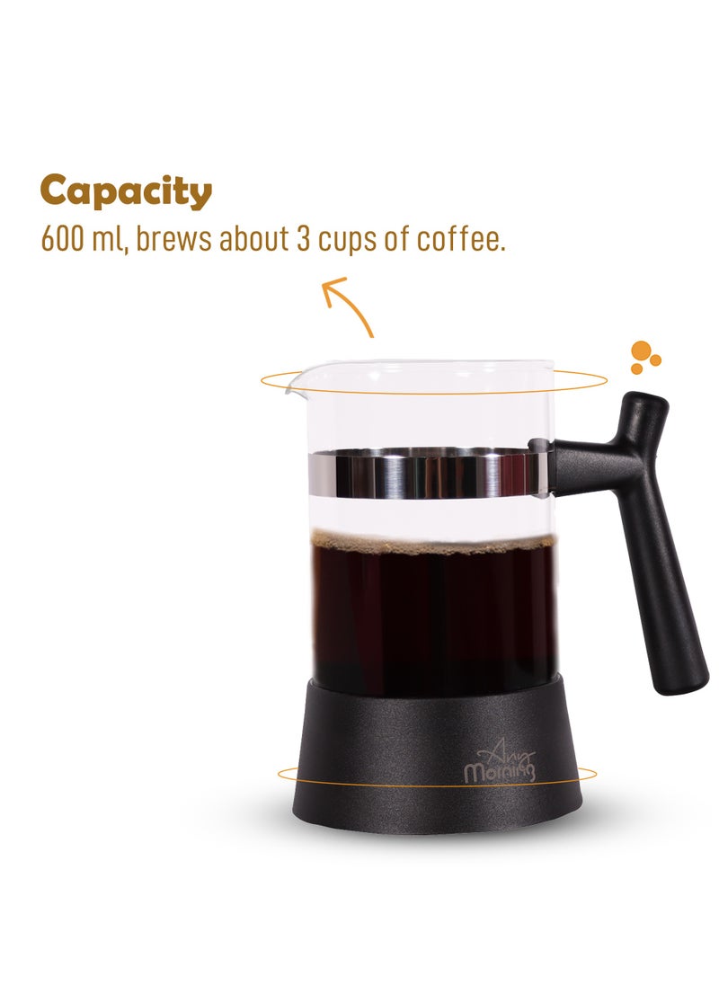 Any Morning French Press Coffee and Tea Maker, 600ml / 20oz / 3 Cups, Fine Mesh Stainless Steel Filters, Borosilicate Glass Tea Press, Portable, Easy to Clean - FF084  - Image 3