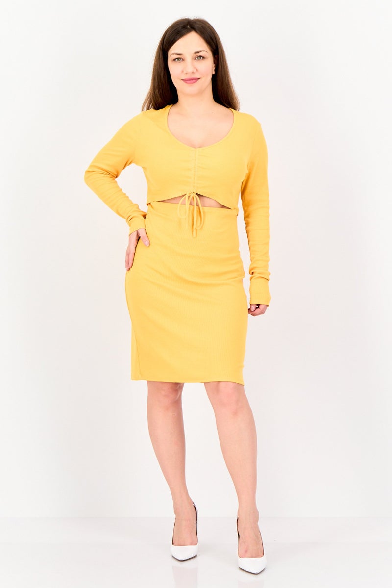 BCBG Women Ribbed Cutout Detail Bodycon Dress, Gold - Image 2