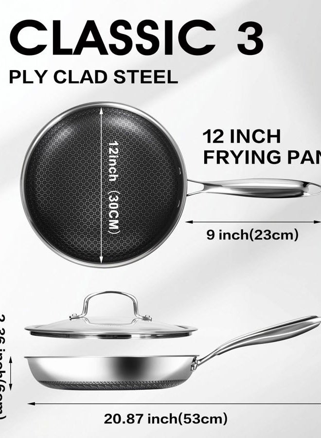 USELUCK Nonstick Frying Pans with Lid,Stainless Steel Skillet with Honeycomb Surface,Dishwasher-Friendly,Oven-Safe,Induction Compatible,PFAS-FREE,Non-Toxic,Compatible with All Cooktops.(12 IN&LID) - Image 3