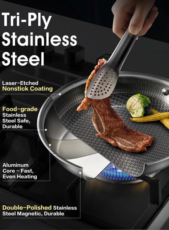 USELUCK Nonstick Frying Pans with Lid,Stainless Steel Skillet with Honeycomb Surface,Dishwasher-Friendly,Oven-Safe,Induction Compatible,PFAS-FREE,Non-Toxic,Compatible with All Cooktops.(12 IN&LID) - Image 5