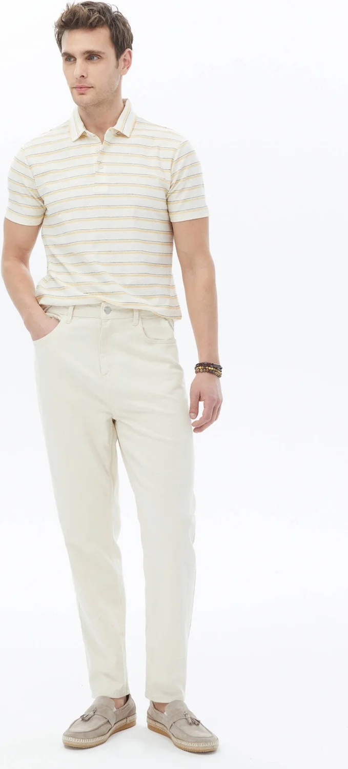 كيب Ecru Striped Polo Collar Cotton Blend T-Shirt