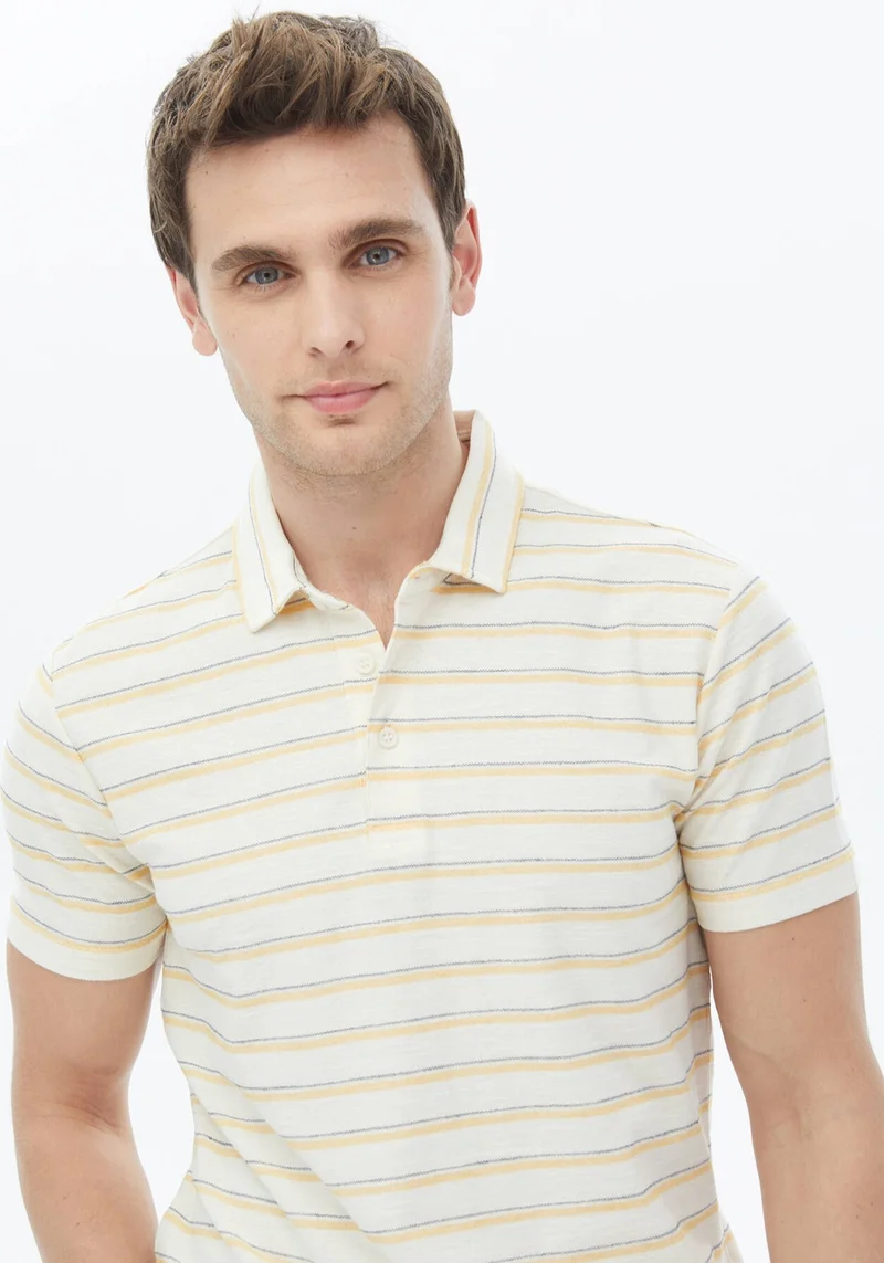 كيب Ecru Striped Polo Collar Cotton Blend T-Shirt