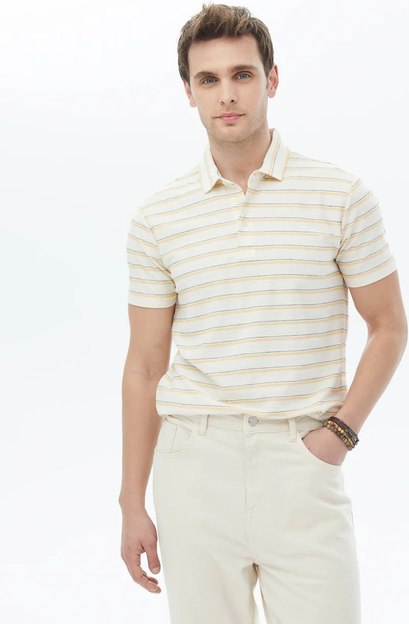كيب Ecru Striped Polo Collar Cotton Blend T-Shirt