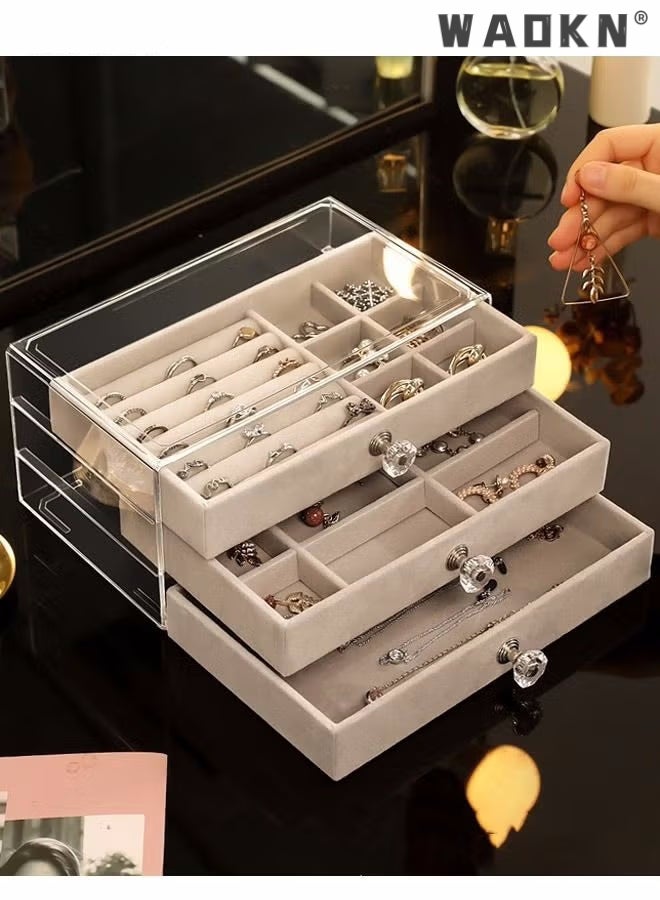 دبليو أيه أو كي أن صندوق مجوهرات أكريليك منظم مجوهرات مخملي بثلاثة أدراج للنساء، حامل مجوهرات شفاف للأقراط والحلقات والأساور والقلائد وإكسسوارات الشعر وعلبة تخزين عرض صناديق تخزين رمادية - Image 1
