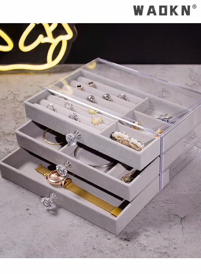 دبليو أيه أو كي أن صندوق مجوهرات أكريليك منظم مجوهرات مخملي بثلاثة أدراج للنساء، حامل مجوهرات شفاف للأقراط والحلقات والأساور والقلائد وإكسسوارات الشعر وعلبة تخزين عرض صناديق تخزين رمادية - Image 5