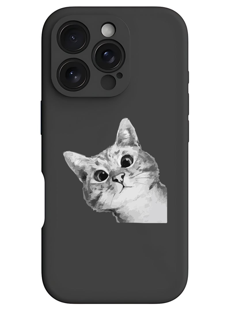 Theodor iPhone 16 Pro Max Black Protective Slim Fit Case Liquid Silicone Cover with Full Body Protection Anti-Scratch Shockproof Case For iPhone - Cat Peep - Image 1