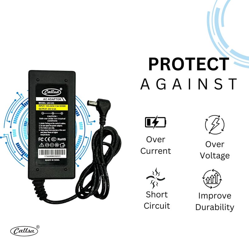 Callsa 24v 2.5amp AD-24 Piano Adapter, 24V 2.5Amp Power Adapter AD 24 for Digital Keyboard, Piano Adapter and Musical Instrument (Black) - Image 2