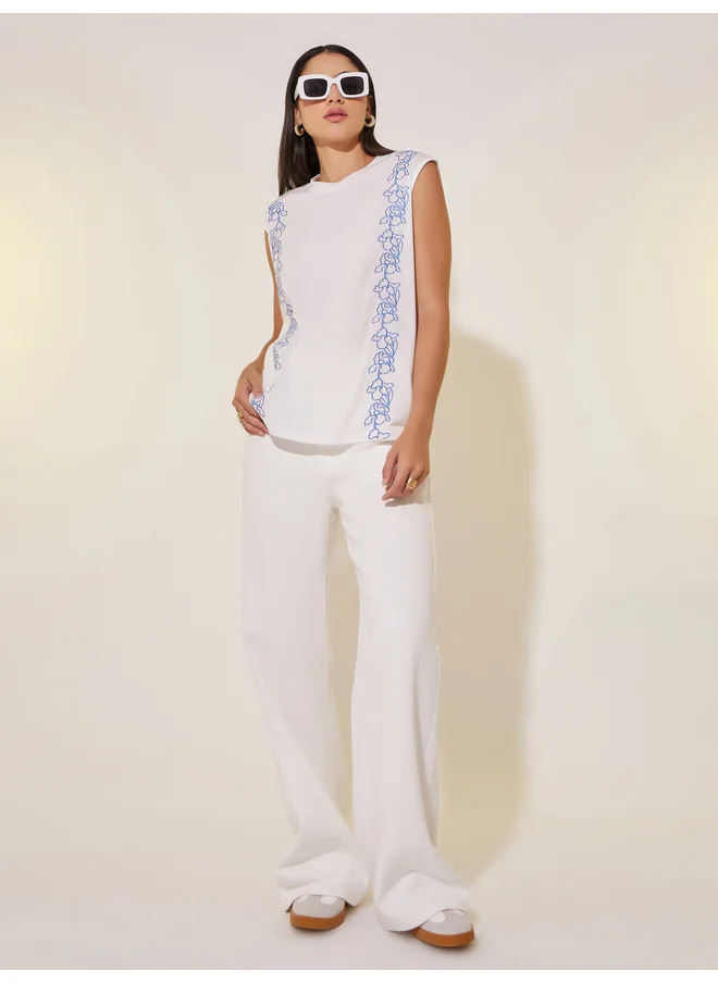 تايك تو Take Two Floral Embroidery Detail Sleeveless T-Shirt