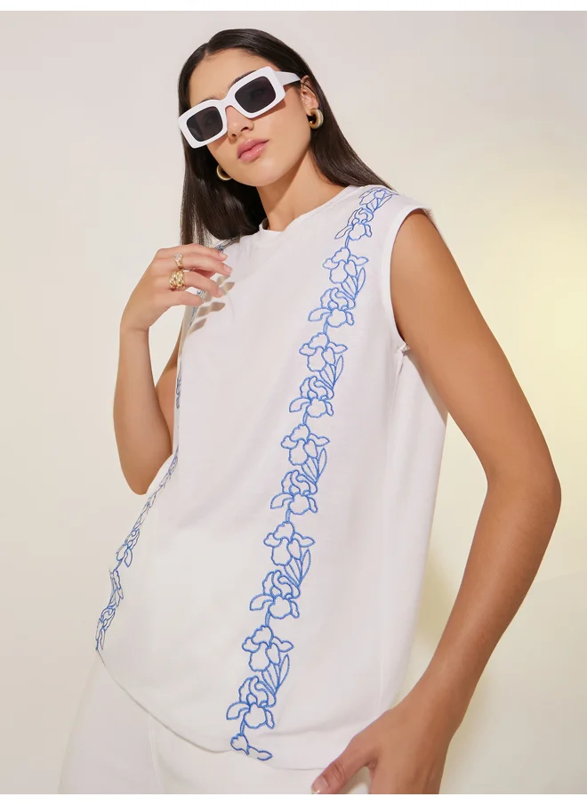 تايك تو Take Two Floral Embroidery Detail Sleeveless T-Shirt