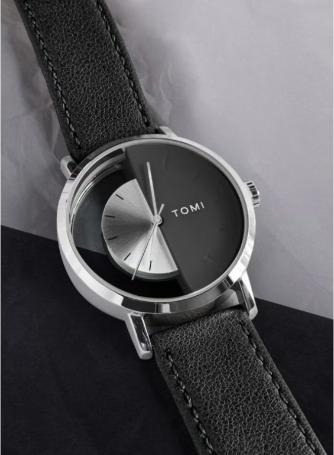 TOMI A unisex wrist watch with black leather strap for men and women - Image 3