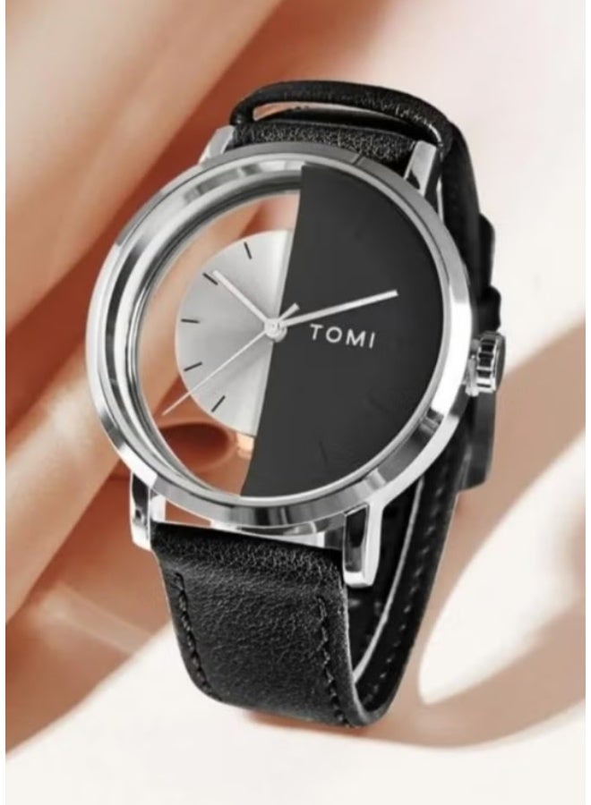 TOMI A unisex wrist watch with black leather strap for men and women - Image 2