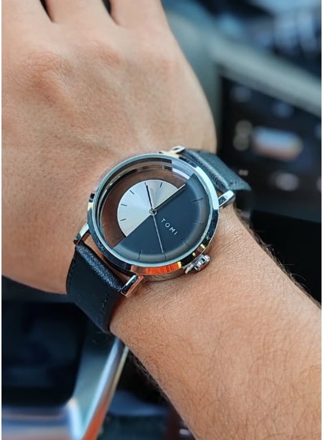 TOMI A unisex wrist watch with black leather strap for men and women - Image 1