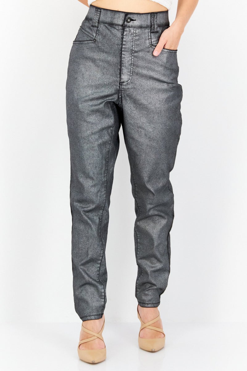 INC Denim Women Petite Metallic Stretchable Trouser Pants, Silver - Image 1