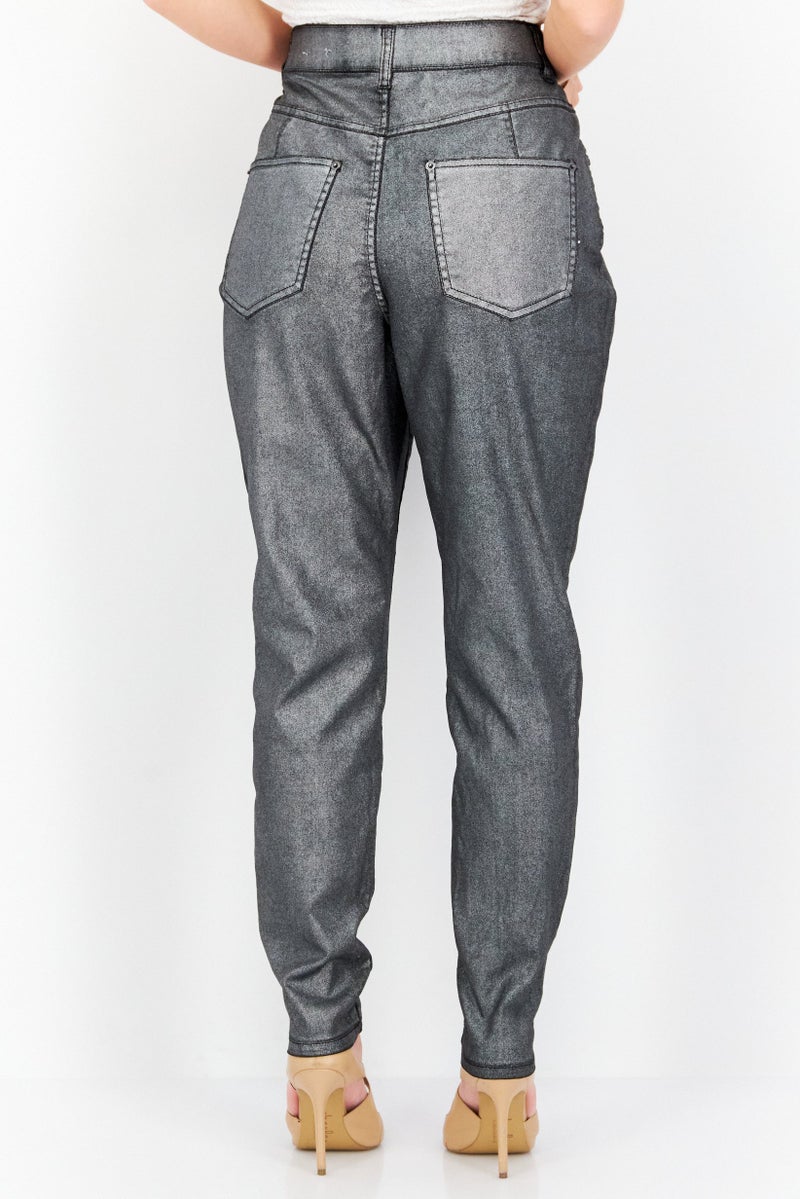 INC Denim Women Petite Metallic Stretchable Trouser Pants, Silver - Image 3
