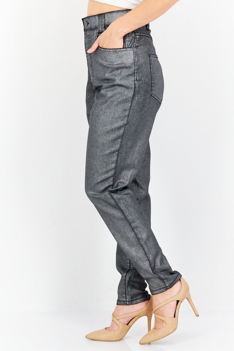 INC Denim Women Petite Metallic Stretchable Trouser Pants, Silver - Image 2