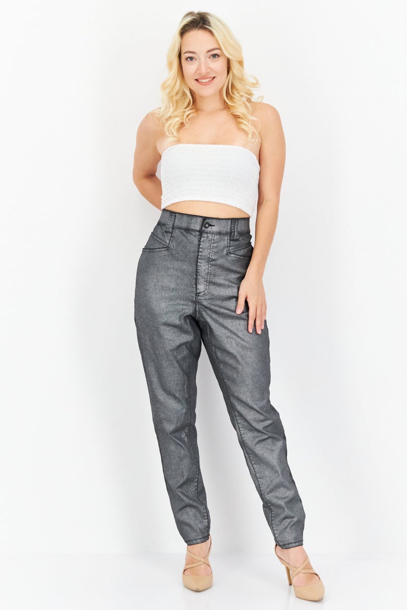 INC Denim Women Petite Metallic Stretchable Trouser Pants, Silver - Image 4