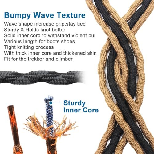 DELELE 2 Pair Round Wave Non-slip Antiskid Outdoor Mountaineering Climbing Shoe Laces Dark Gray&Black Hiking Shoelaces Men Women Shoestrings-63 inch - Image 5