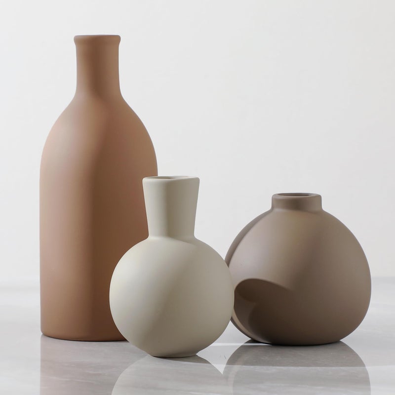 ooit Ceramic Vase Set of 3, Rustic Farmhouse Modern Bohemian Vases, Brown, Round, Holds Water, Anti-Slip Base, Perfect for Fresh or Dried Plants, Home Decor, Indoor - Image 1