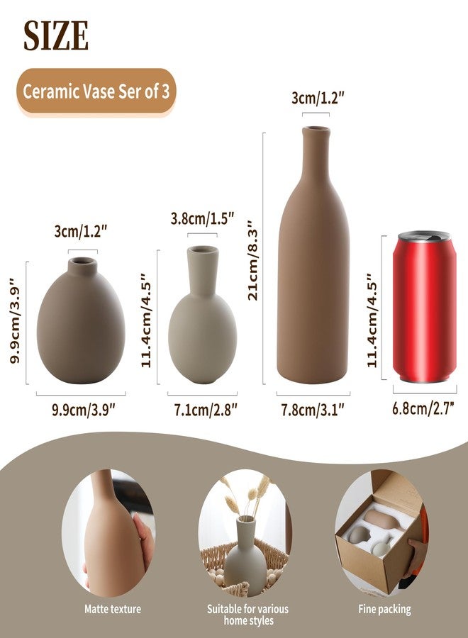 ooit Ceramic Vase Set of 3, Rustic Farmhouse Modern Bohemian Vases, Brown, Round, Holds Water, Anti-Slip Base, Perfect for Fresh or Dried Plants, Home Decor, Indoor - Image 2