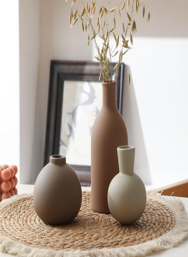 ooit Ceramic Vase Set of 3, Rustic Farmhouse Modern Bohemian Vases, Brown, Round, Holds Water, Anti-Slip Base, Perfect for Fresh or Dried Plants, Home Decor, Indoor - Image 4