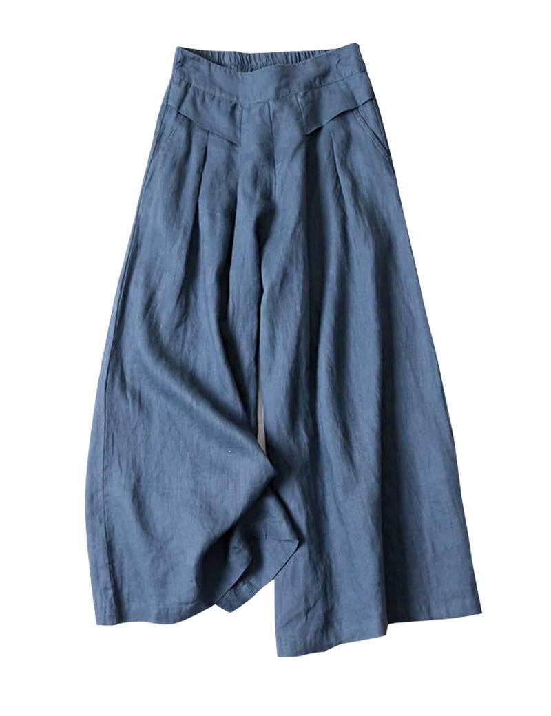 Gihuo Women' s Culottes Linen Blend Wide Leg Pants Elastic Waist Casual Palazzo Trousers with Pockets Capris(DarkBlue-XL) - Image 1