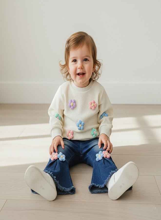 BULINGNA Toddler Baby Girl Clothes Spring Outfit Baby Girl Outfit Floral Crewneck Sweatshirt Bell Bottom Jeans Pants Set (Apricot, 2-3T) - Image 3