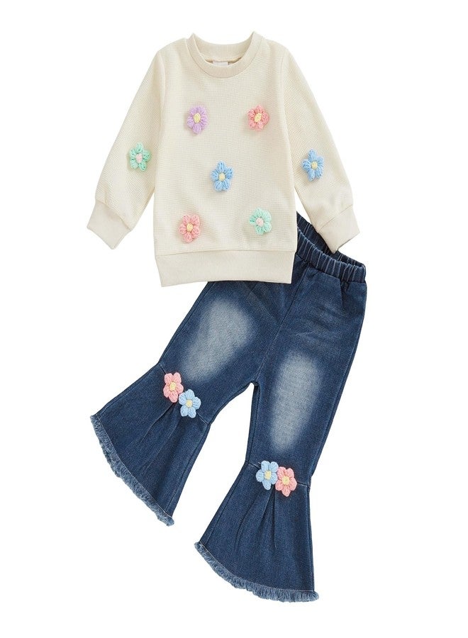 BULINGNA Toddler Baby Girl Clothes Spring Outfit Baby Girl Outfit Floral Crewneck Sweatshirt Bell Bottom Jeans Pants Set (Apricot, 2-3T) - Image 1