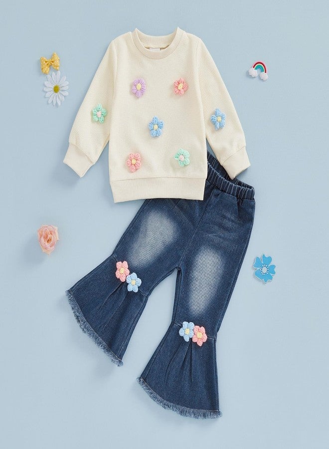 BULINGNA Toddler Baby Girl Clothes Spring Outfit Baby Girl Outfit Floral Crewneck Sweatshirt Bell Bottom Jeans Pants Set (Apricot, 2-3T) - Image 4