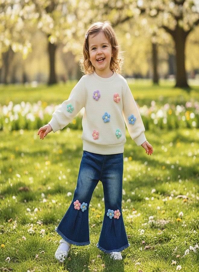 BULINGNA Toddler Baby Girl Clothes Spring Outfit Baby Girl Outfit Floral Crewneck Sweatshirt Bell Bottom Jeans Pants Set (Apricot, 2-3T) - Image 2