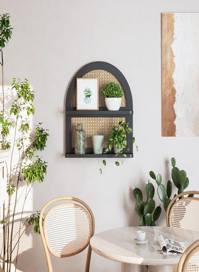 LUDORU Wood Boho Rattan Wall Shelf - 2-Tier Arched Wicker Floating Shelf Black Wood New Boho Shelf, Rustic Farmhouse Nursery Decor Shelves Wall Mounted, Neutral Handcrafted (16''l Natural Rattan Shelf) - Image 4