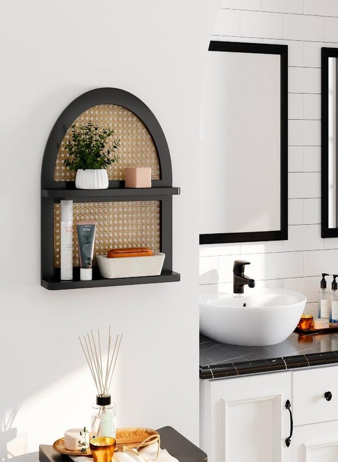 LUDORU Wood Boho Rattan Wall Shelf - 2-Tier Arched Wicker Floating Shelf Black Wood New Boho Shelf, Rustic Farmhouse Nursery Decor Shelves Wall Mounted, Neutral Handcrafted (16''l Natural Rattan Shelf) - Image 5