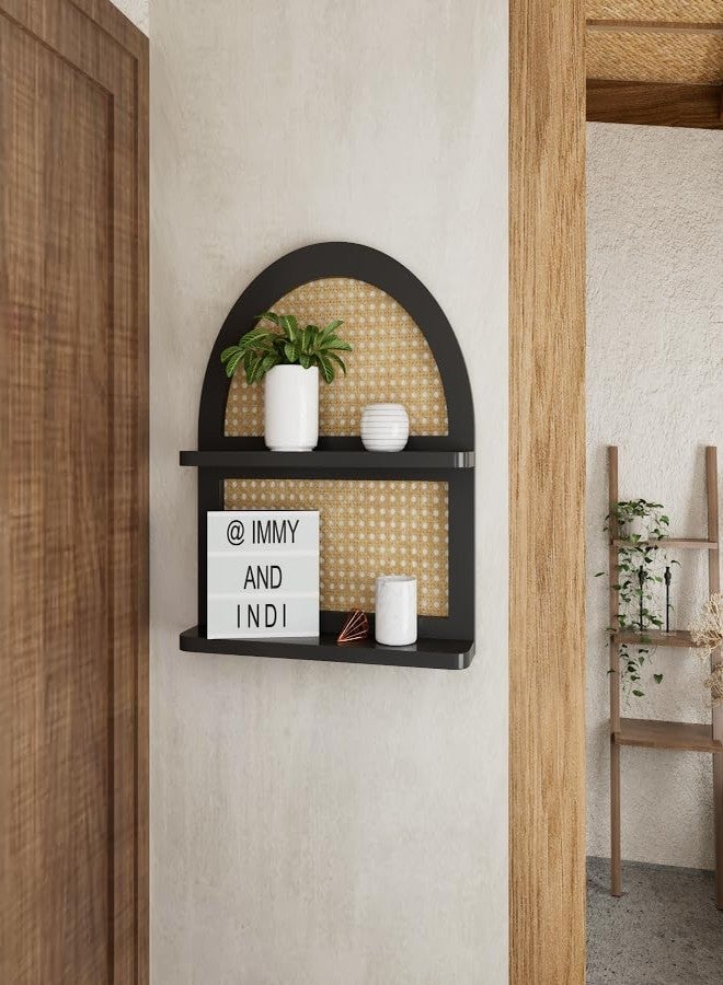 LUDORU Wood Boho Rattan Wall Shelf - 2-Tier Arched Wicker Floating Shelf Black Wood New Boho Shelf, Rustic Farmhouse Nursery Decor Shelves Wall Mounted, Neutral Handcrafted (16''l Natural Rattan Shelf) - Image 2