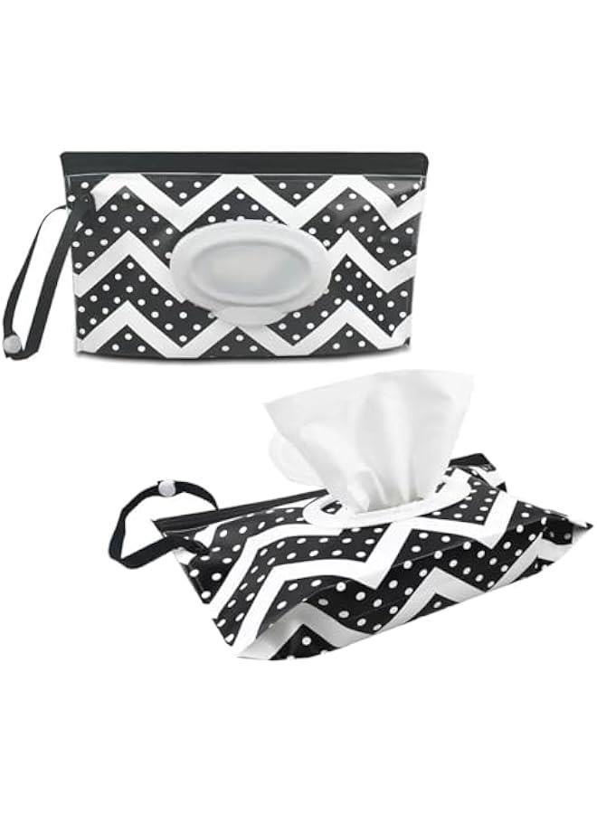 Portable Wet Wipe Dispenser Bag,Reusable Wipe Container Travel Holder, Napkin Storage Pouch with Sealed Zipper (Black White Wave)  - Image 1